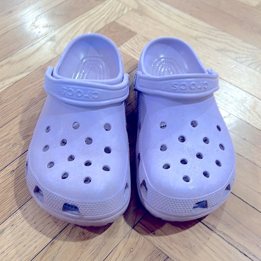 Lavender Crocs (worn inside only as slippers)